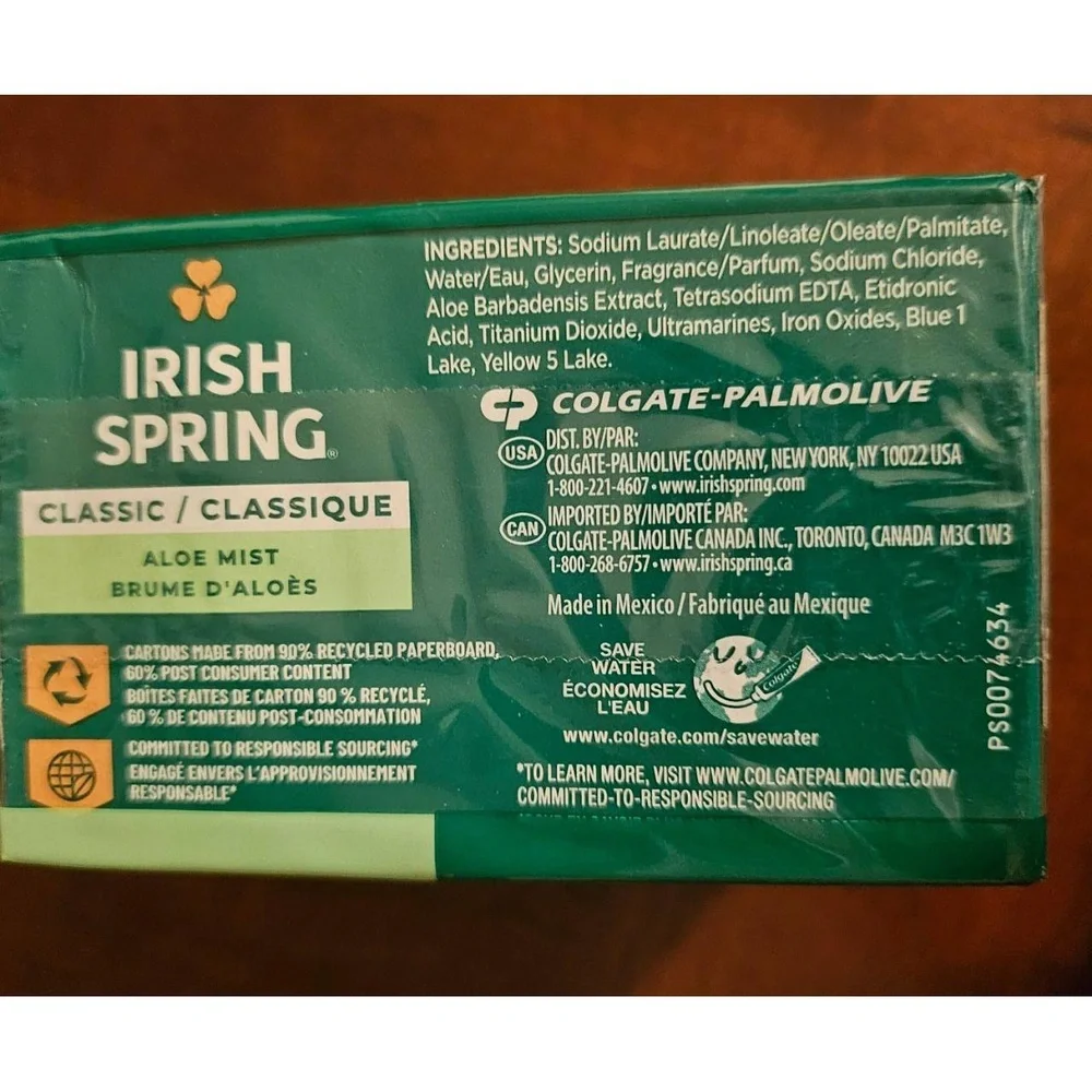 Irish Spring Classic Aloe Mist‎ Deodorant Bar Soap 12-Hour Fresh 6 Bars Total